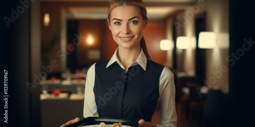 A girl waitress in a special uniform stands in a restaurant with a dish. Generative AI.