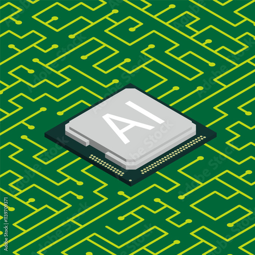 Isometric computer microchip for training artificial intelligence program embedded in chip with contact tracks. 3D vector isolated on green background top view at an angle