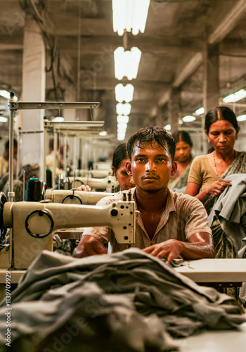 workers in a factory in Bangladesh, inhuman conditions in textile factory, sewing machines, exploitation of men , women and children, struggling deplorable work conditions photo