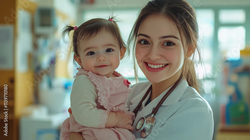 A beautiful female doctor, wearing a white professional attire and holding an adorable baby girl with big eyes in her arms