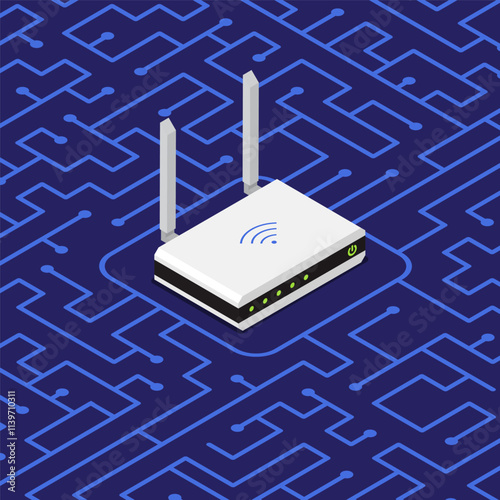 Isometric wireless WiFi router device in center of motherboard with labyrinth of contact tracks. Transmission of signal in network. 3D vector isolated on blue background top view at an angle