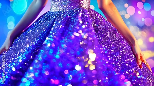 Close-up of a sparkling purple ball gown with sequins and bokeh lights

