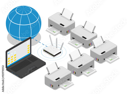 Isometric inkjet printers united into single network. Printing documents in office of industrial printing house using copiers. Realistic 3D vector concept isolated on white background