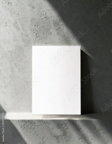 Blank white poster mockup sit on concrete level and concrete wall background with harsh light and shadow. Clean, modern, versatile, minimalist, creative design. photo