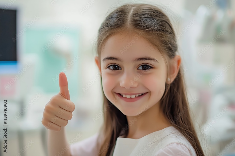 Smiling girl giving thumbs up gesture at a dental clinic Smiling girl giving thumbs up gesture at a dental clinic