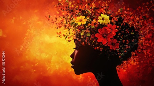 Silhouette of woman with vibrant floral hair against fiery background.