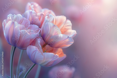 Beautiful, transparent tulips in soft, pastel shades of light pink and purple