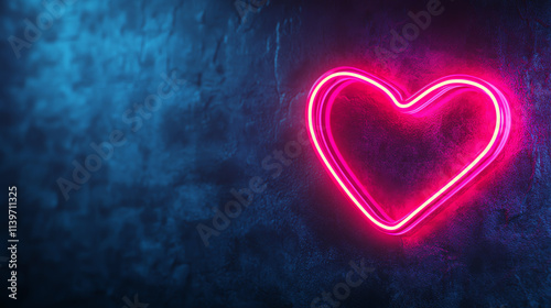 A vibrant neon pink heart shape glowing against a textured blue wall.