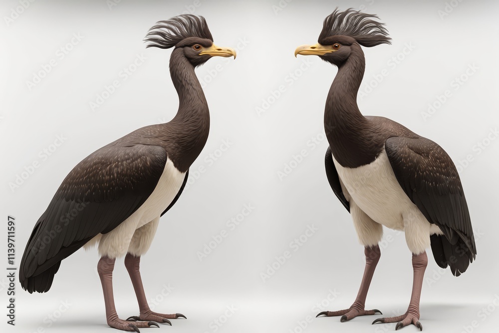 Obraz premium Two detailed 3D renders of a crowned crane facing each other against a white background.