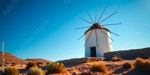 A solitary windmill stands against a vibrant blue sky, surrounded by desert flora and a low stone wall. photo