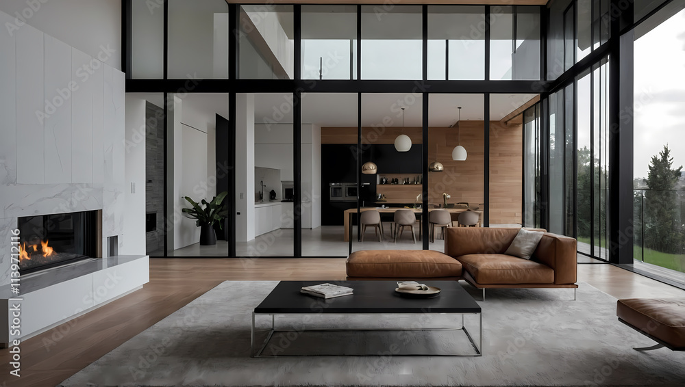 custom made wallpaper toronto digitalModern living room with large windows, a brown sofa, and a minimalist black coffee table, featuring a cozy fireplace.