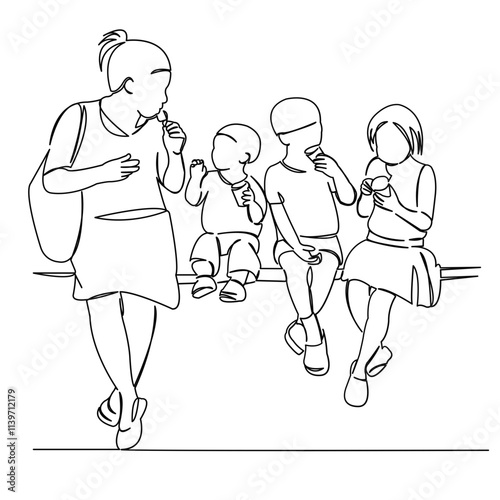 One continuous single drawing line art flat doodle child, mother, mom, family, happy, food, ice, eat, mum. Isolated image hand draw contour on a white background
