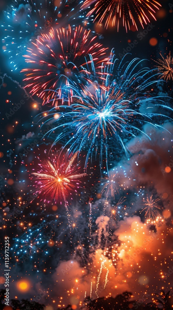 Fototapeta premium A vibrant display of colorful fireworks lighting up the night sky, creating a festive atmosphere.