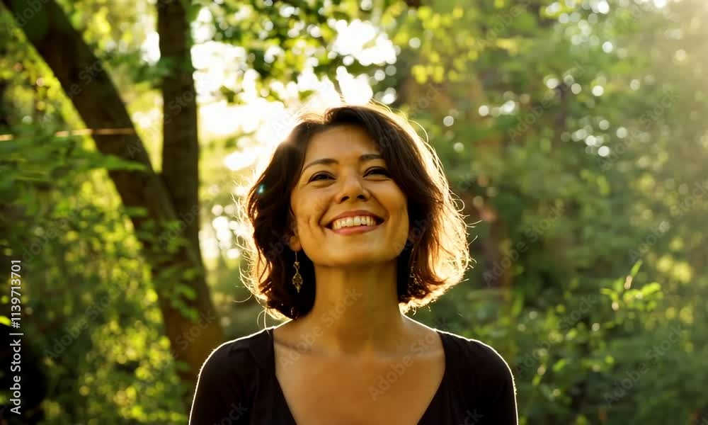 femme eurasienne aux cheveux courts souriante lors d’une promenade en forêt, lumière naturelle dorée, ambiance estivale et végétation floue avec bokeh en arrière-plan