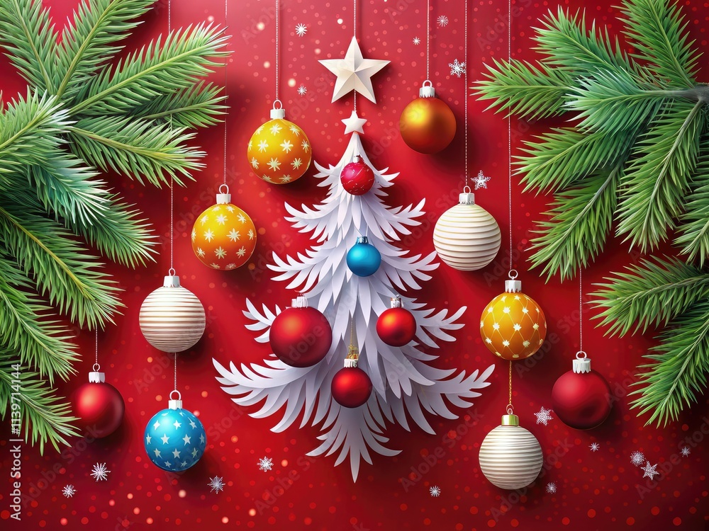 Naklejka premium Festive red Christmas landscape featuring elegant white paper art fir trees, adorned with colorful balls and stars, perfect for holiday cards and banners.