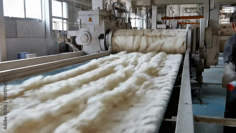 A cotton processing machine in action within a factory, producing soft cotton layers for textile manufacturing