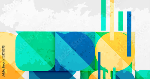 Squares, circles and triangles and grainy noisy texture. Vector Illustration For Wallpaper, Banner, Background, Card, Book Illustration, landing page