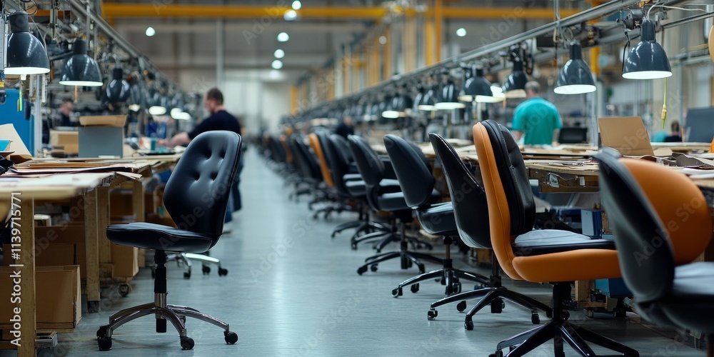 Row of workstations in a factory for ergonomic chair production Row of workstations in a factory for ergonomic chair production
