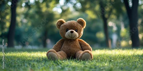 A teddy bear sits in the grass in front of a field of flowers.
