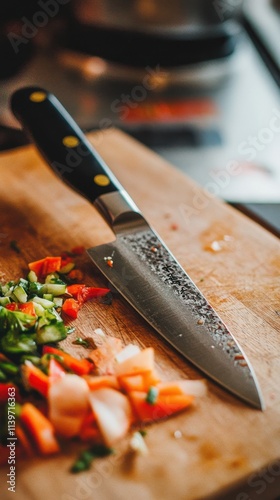 Chef's Knife on Wooden Cutting Board with Chopped Vegetables