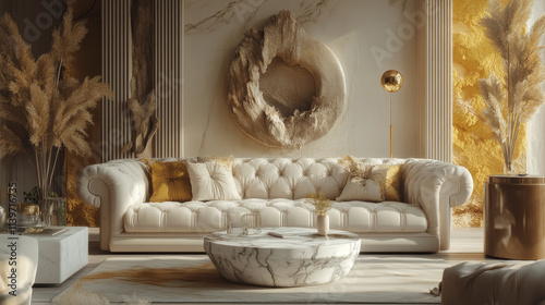 An elegant beige living room featuring a plush sofa and a sleek marble coffee table, designed in a harmonious blend of Boho and Scandinavian styles. Rendered in 3D for a sophisticated and cozy aesthet photo