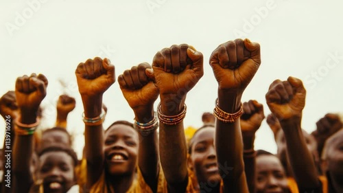 African children's hands joined in a fist pump outdoors with cinematic lighting