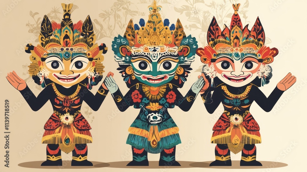 Fototapeta premium A modern vector reinterpretation of Nang Talung puppets, blending traditional Thai designs with a contemporary, colorful aesthetic. -