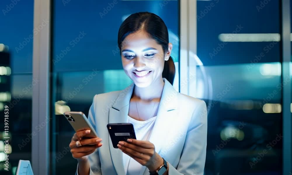 Smiling businesswoman using her phone in an office. Smiling businesswoman using her phone in an office.