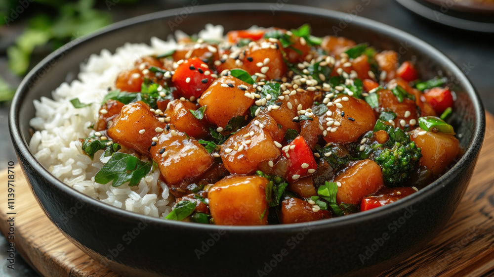 A colorful vegetable stir-fry served with jasmine rice and sesame seeds on top A colorful vegetable stir-fry served with jasmine rice and sesame seeds on top