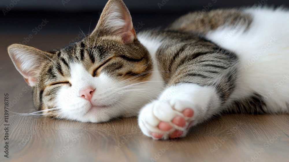 Cute tabby cat sleeping peacefully on wooden floor in cozy indoor setting