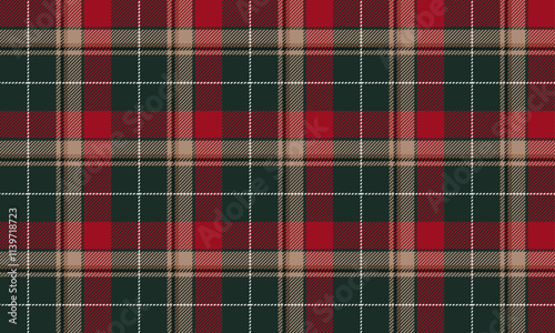 Plaid fabric pattern, green, red, cream, bright colorful cross lines, seamless for textiles, and for designing clothes, skirts or decorative fabrics. Vector illustration.