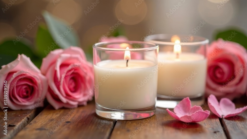 White candle on wooden table with rose flowers for valentine day, birthday, march 8, congratulations, cozy and romantic atmosphere, professional photo for advertising, banner, business and post card, White candle on wooden table with rose flowers for valentine day, birthday, march 8, congratulations, cozy and romantic atmosphere, professional photo for advertising, banner, business and post card,