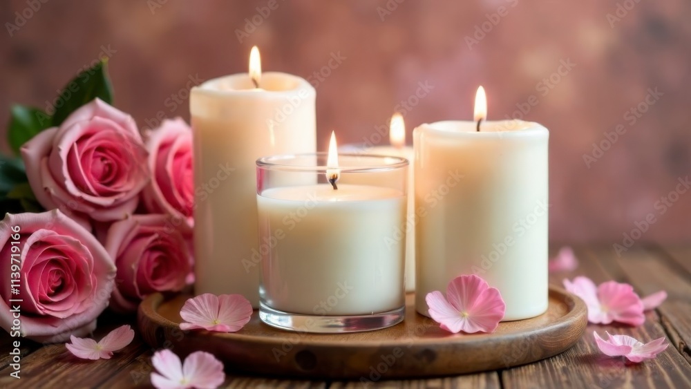 White candle on wooden table with rose flowers for valentine day, birthday, congratulations, cozy and romantic atmosphere, professional photo for advertising, banner, business and post card, White candle on wooden table with rose flowers for valentine day, birthday, congratulations, cozy and romantic atmosphere, professional photo for advertising, banner, business and post card,