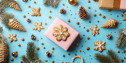 Christmas background with gift and golden pine cones.Merry Christmas background Christmas composition gift confetti golden snowflake

