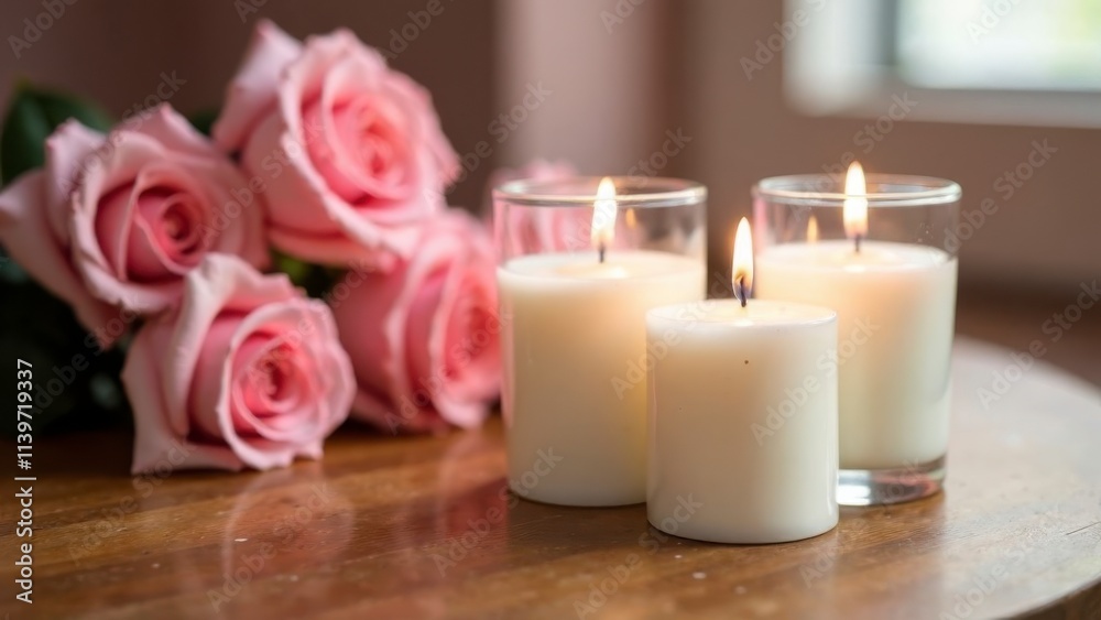 White candle on wooden table with rose flowers for valentine day, birthday, congratulations, cozy and romantic atmosphere, professional photo for advertising, banner, business and post card, White candle on wooden table with rose flowers for valentine day, birthday, congratulations, cozy and romantic atmosphere, professional photo for advertising, banner, business and post card,
