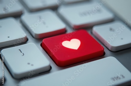 Red button with heart on white computer or laptop keyboard, valentine's day