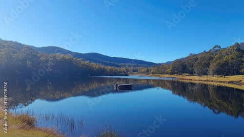 A serene lake surrounded by mountains with a small boat floating on the water, reflecting the clear blue sky and surrounding trees. This peaceful outdoor scene is perfect for content on nature, 