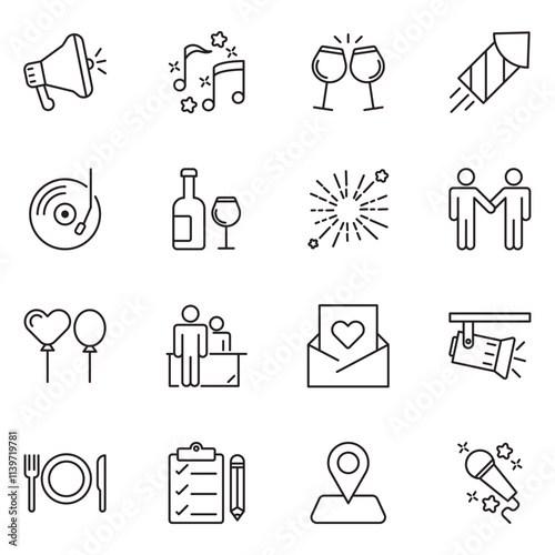 Event planning set of web icons in linear style. Event organisation icons for web and mobile app. Management, wedding, entertainment, catering, invitations, catering, coordination. Vector illustration