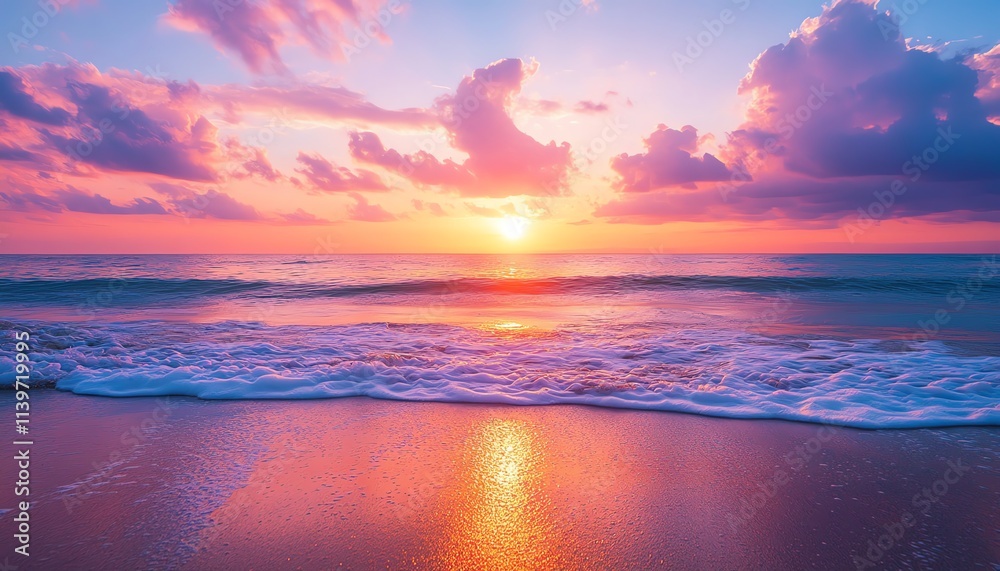 Obraz premium Family enjoying a sunset stroll along the beach, vibrant colors in the sky, peaceful scene with copy space for a warm and inviting wallpaper or background