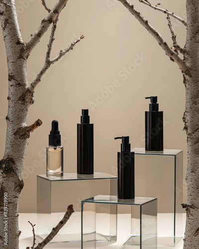 Soft lighting highlights clear and black skincare bottles displayed on glass podiums.