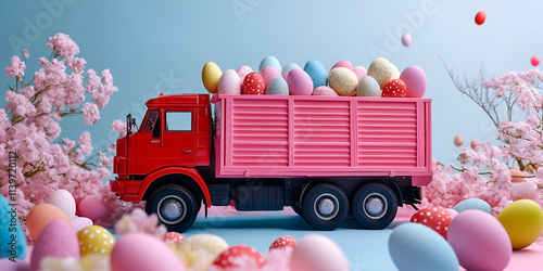 Cute Pink Truck Full of Colorful Easter Eggs
