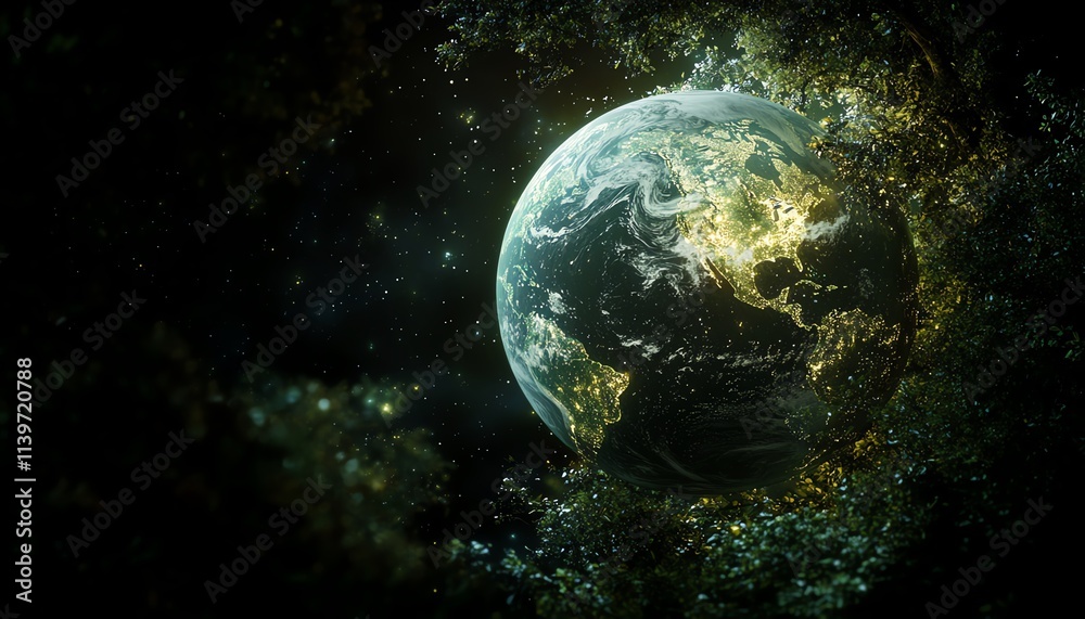 Fototapeta premium Generative AI concept of lush green nature blending harmoniously with a vibrant and healthy planet Earth, symbolizing the balance of environmental sustainability