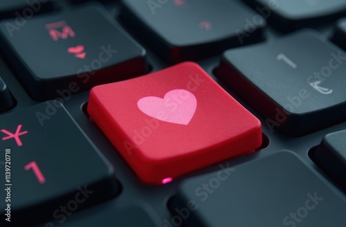 Red button with heart on black computer or laptop keyboard, valentine's day