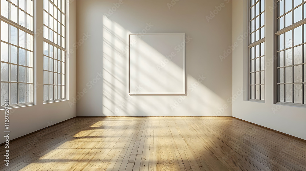 Sunlight Streams Through Windows in Empty Room with Wooden Floor Sunlight Streams Through Windows in Empty Room with Wooden Floor