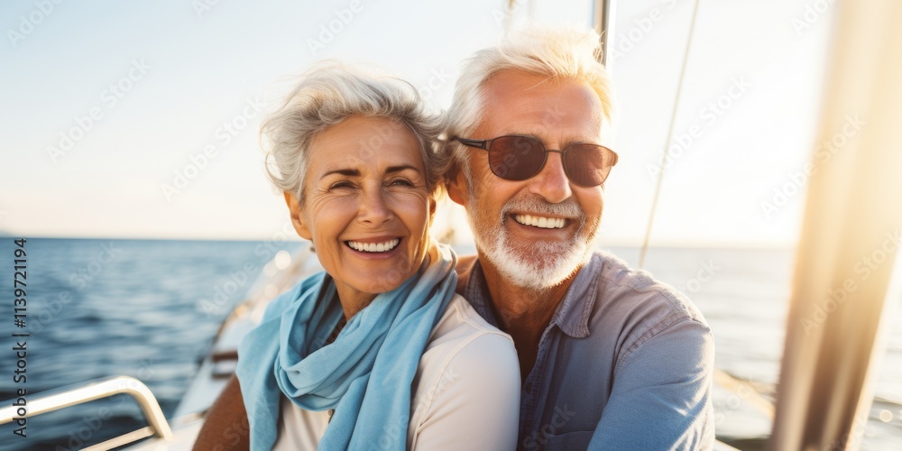 Obraz premium Relaxed of senior couple sailing luxury yacht. Generative AI.