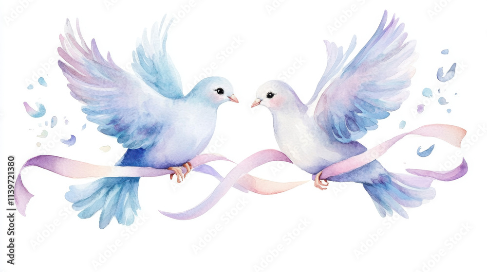Fototapeta premium pair of doves flying with ribbons tied to their feet,nature, art, flight, 