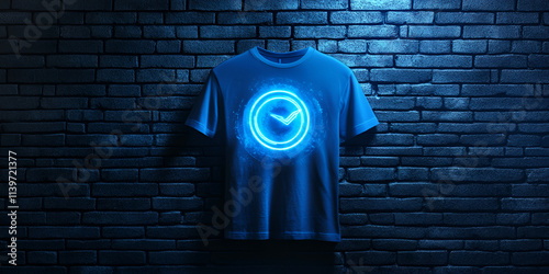Tshirt blue glowing neon ui ux icon Glowing sign logo vector icon isolated on brick wall background
