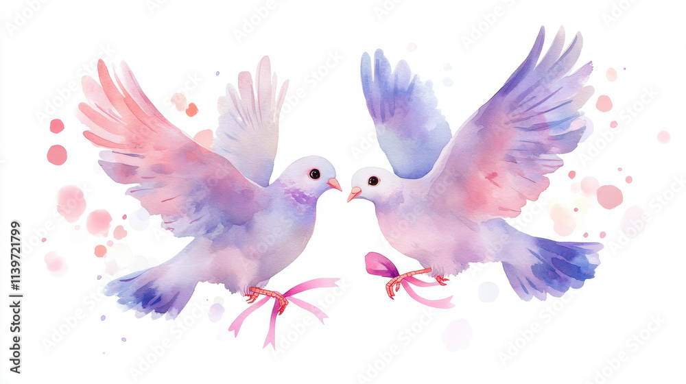 Obraz premium pair of doves flying with ribbons tied to their feet,oves, sky, branch, 