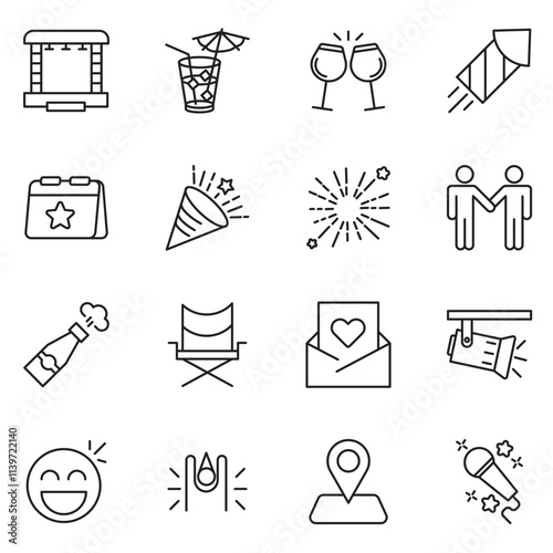 Event planning set of web icons in linear style. Event organisation icons for web and mobile app. Management, wedding, entertainment, catering, invitations, catering, coordination. Vector illustration