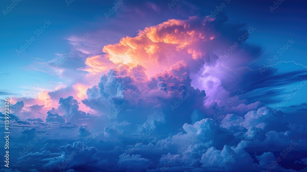 A vibrant sunset illuminating dramatic clouds with hints of lightning. A vibrant sunset illuminating dramatic clouds with hints of lightning.